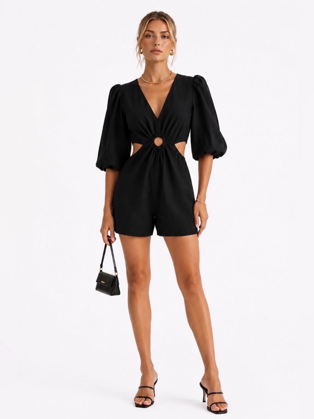 1.STATE Black V-Neck Romper with Puff Sleeves